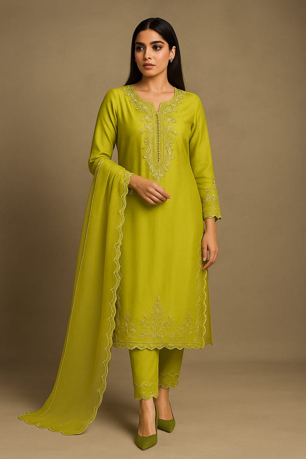 Neon Delight – Embroidered Matt Sheesha Silk with Hand Embellishments & Organza Dupatta
