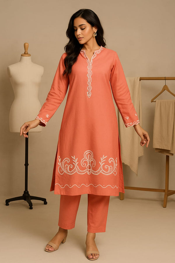 Peachy – Embroidered Cotton Net 2-Piece with Cutwork and Culottes