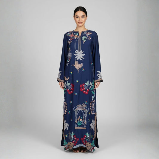 Safeena Luxe Kaftaan – Handcrafted Elegance in Navy Blue
